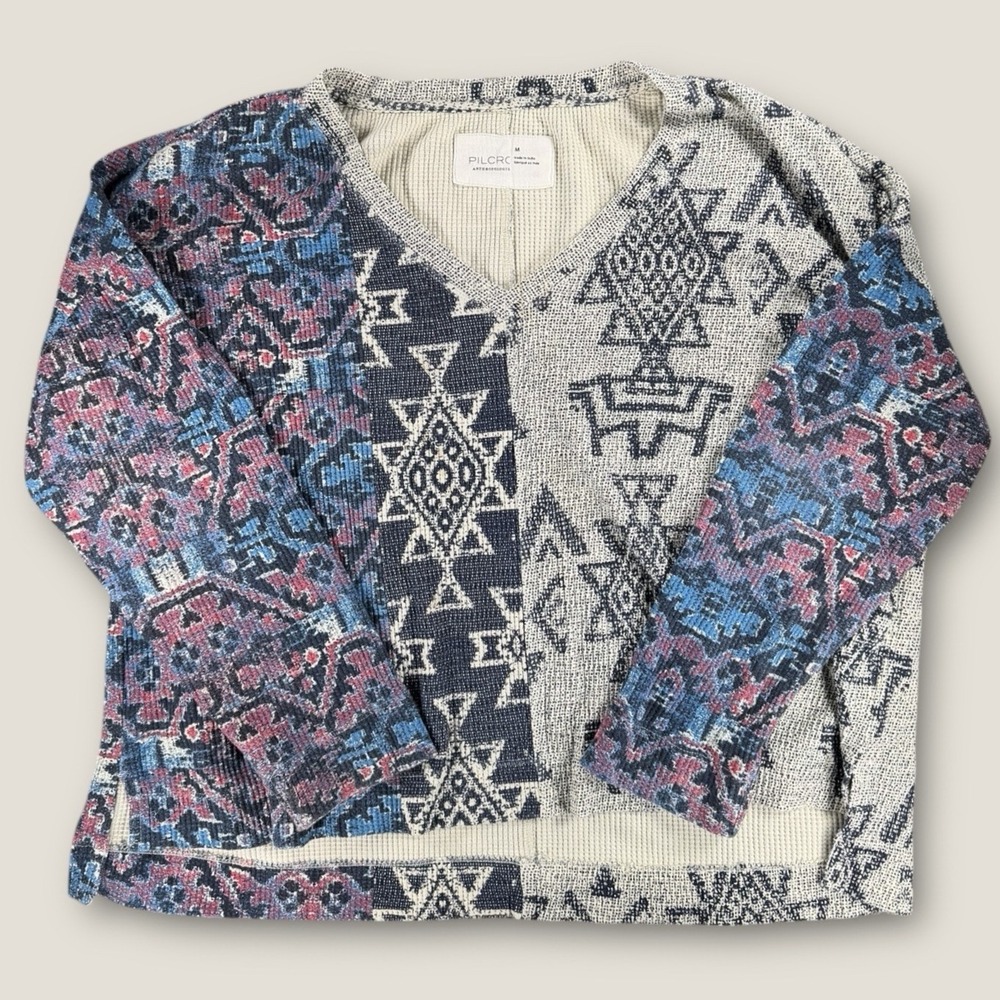 Anthropologie Pilcro Thermal Knit Top Womens Medium M Mixed Print V-Neck Boho